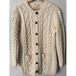 Kilronan Knitwear Womens Merino Wool Cable Knit Aran Cardigan L Ivory Ireland